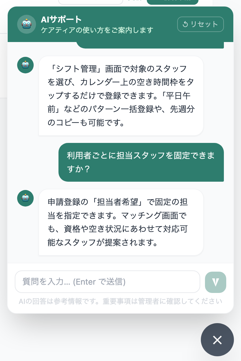 ケアティアのサポートチャット画面。『シフトの登録方法を教えてください』などの質問に、操作手順（シフト管理画面で空き枠をタップ、パターン一括登録、先週分のコピーなど）を案内し、続けて『利用者ごとに担当スタッフを固定できますか？』にも回答。下部に質問入力欄。